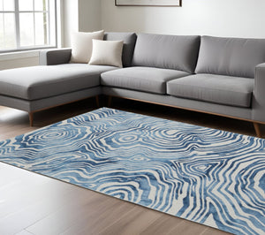 HomeRoots 4' Blue and Ivory Wool Geometric Tufted Handmade Area Rug for a Stylish and Cozy Home Decor 8' X 11' 511112