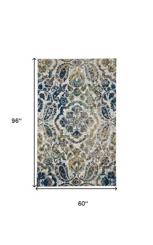 Homeroots 5' X 8' Ivory Blue And Green Floral Stain Resistant Area Rug  Polypropylene 511143