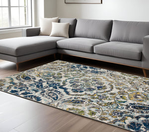 Homeroots 8' X 11' Ivory And Blue Floral Non Skid Area Rug  Polypropylene 511145