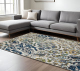 Area Rugs - Elegant Floral Design in Ivory Blue and Green, Stain Resistant for Stylish Living