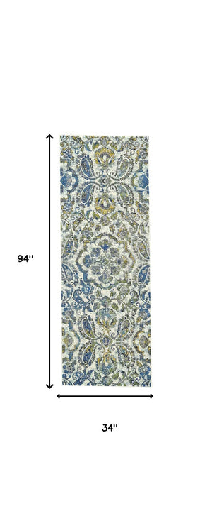 Homeroots 8' Ivory Blue And Green Floral Stain Resistant Runner Rug  Polypropylene 511147