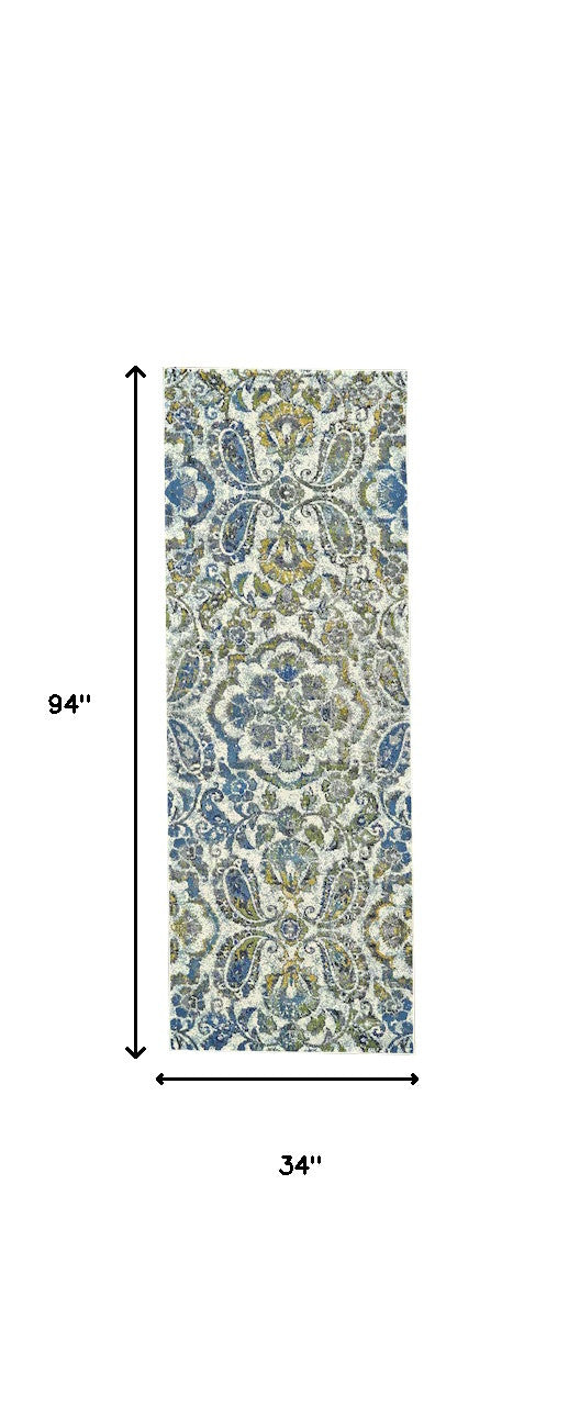 Homeroots 8' Ivory Blue And Green Floral Stain Resistant Runner Rug  Polypropylene 511147