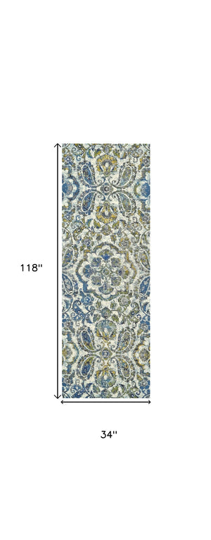 Homeroots 10' Ivory Blue And Green Floral Stain Resistant Runner Rug  Polypropylene 511148