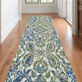 Homeroots 10' Ivory Blue And Green Floral Stain Resistant Runner Rug  Polypropylene 511148