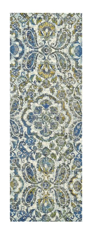 Homeroots 10' Ivory Blue And Green Floral Stain Resistant Runner Rug  Polypropylene 511148