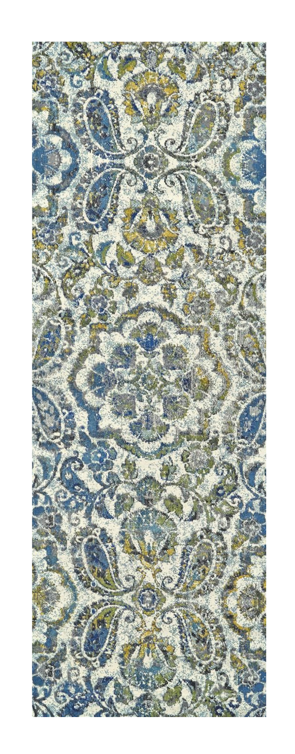 Homeroots 10' Ivory Blue And Green Floral Stain Resistant Runner Rug  Polypropylene 511148