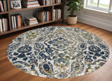 Homeroots 8' Ivory Blue And Green Round Floral Stain Resistant Area Rug  Polypropylene 511150