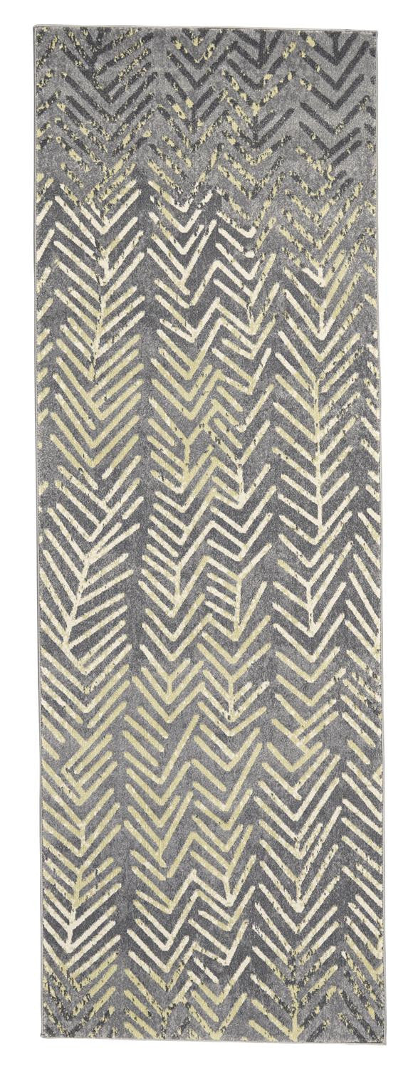 Homeroots 8' Gray And Yellow Geometric Power Loom Distressed Runner Rug  Polypropylene,Polyester 511170