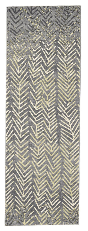 Homeroots 8' Gray And Yellow Geometric Power Loom Distressed Runner Rug  Polypropylene,Polyester 511170