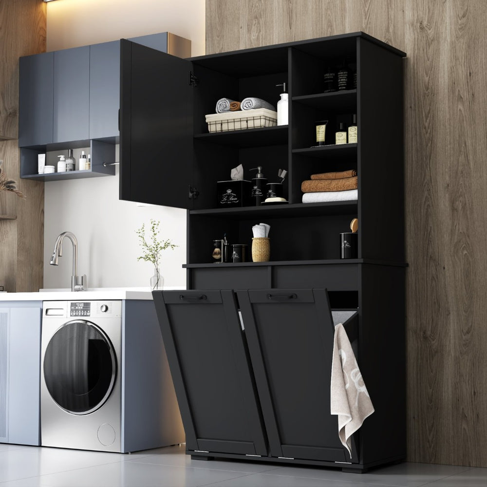 English Elm Laundry Cabinet Freestanding White Melamine with Tilt Out Hamper and Open Shelving W331S00202