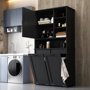 English Elm Laundry Cabinet Freestanding White Melamine with Tilt Out Hamper and Open Shelving W331S00202