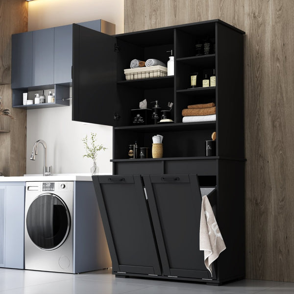 English Elm Laundry Cabinet Freestanding White Melamine with Tilt Out Hamper and Open Shelving W331S00202