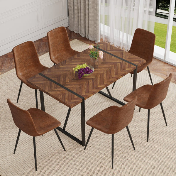 English Elm Table and Chair Set Fishbone Mdf Top with Six Brown Upholstered Seats for Dining W1151S03139