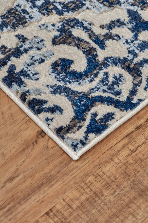 HomeRoots 10' Blue Ivory and Black Floral Distressed Area Rug - Stain Resistant, Perfect for Busy Homes & Decor 10' X 14' 511215