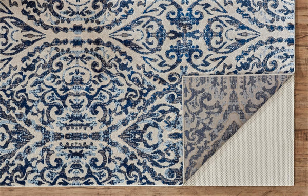 HomeRoots 10' Blue Ivory and Black Floral Distressed Area Rug - Stain Resistant, Perfect for Busy Homes & Decor 10' X 14' 511215