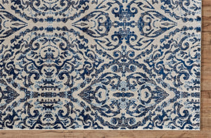 HomeRoots 10' Blue Ivory and Black Floral Distressed Area Rug - Stain Resistant, Perfect for Busy Homes & Decor 10' X 14' 511215