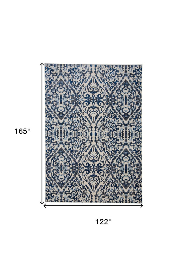 HomeRoots 10' Blue Ivory and Black Floral Distressed Area Rug - Stain Resistant, Perfect for Busy Homes & Decor 10' X 14' 511215