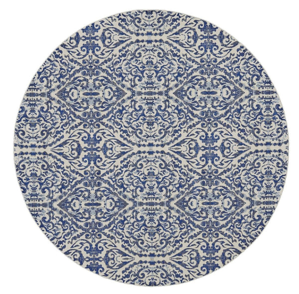 HomeRoots 10' Blue Ivory and Black Floral Distressed Area Rug - Stain Resistant, Perfect for Busy Homes & Decor 9' Round 511217