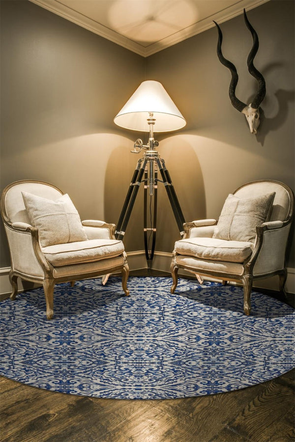 HomeRoots 10' Blue Ivory and Black Floral Distressed Area Rug - Stain Resistant, Perfect for Busy Homes & Decor 9' Round 511217