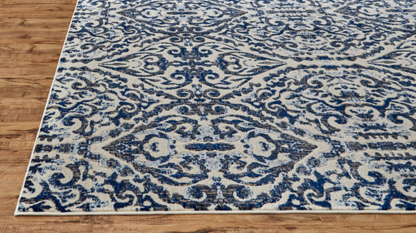 HomeRoots 10' Blue Ivory and Black Floral Distressed Area Rug - Stain Resistant, Perfect for Busy Homes & Decor 9' Round 511217