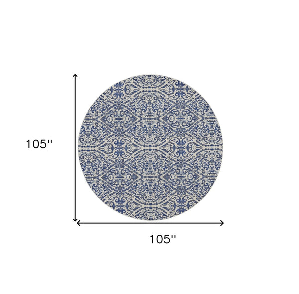HomeRoots 10' Blue Ivory and Black Floral Distressed Area Rug - Stain Resistant, Perfect for Busy Homes & Decor 9' Round 511217