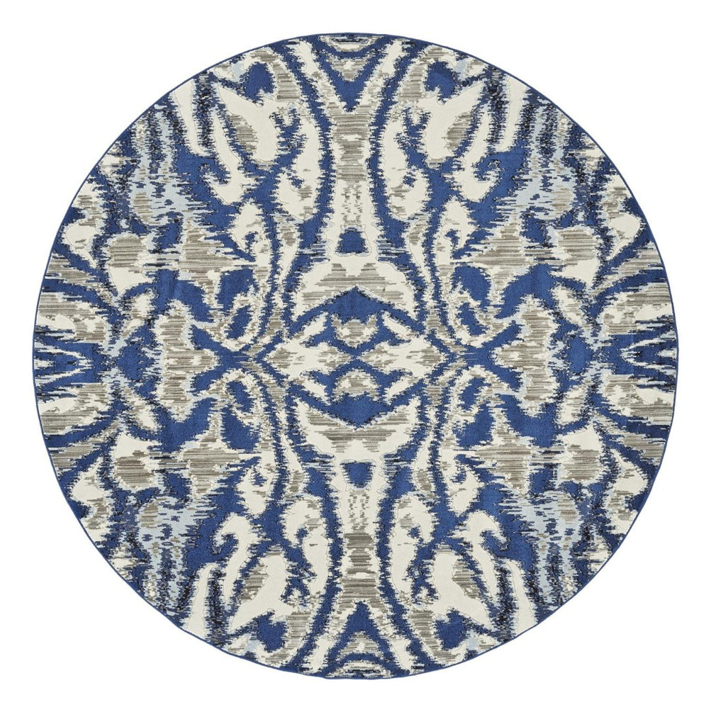 HomeRoots 9' Modern Ivory Blue and Gray Ikat Distressed Rug - Stylish, Durable, Stain-Resistant Design for Any Space 9' Round 511224