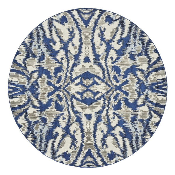 HomeRoots 9' Modern Ivory Blue and Gray Ikat Distressed Rug - Stylish, Durable, Stain-Resistant Design for Any Space 9' Round 511224