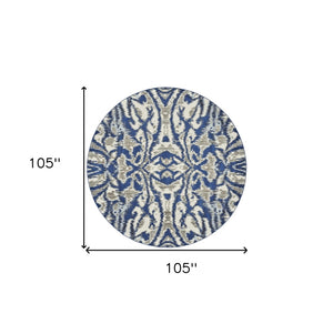 HomeRoots 9' Modern Ivory Blue and Gray Ikat Distressed Rug - Stylish, Durable, Stain-Resistant Design for Any Space 9' Round 511224