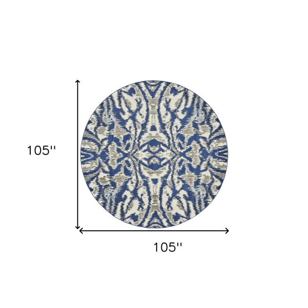 HomeRoots 9' Modern Ivory Blue and Gray Ikat Distressed Rug - Stylish, Durable, Stain-Resistant Design for Any Space 9' Round 511224