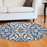 Homeroots 9' Blue And Ivory Round Ikat Distressed Area Rug  Polypropylene 511224