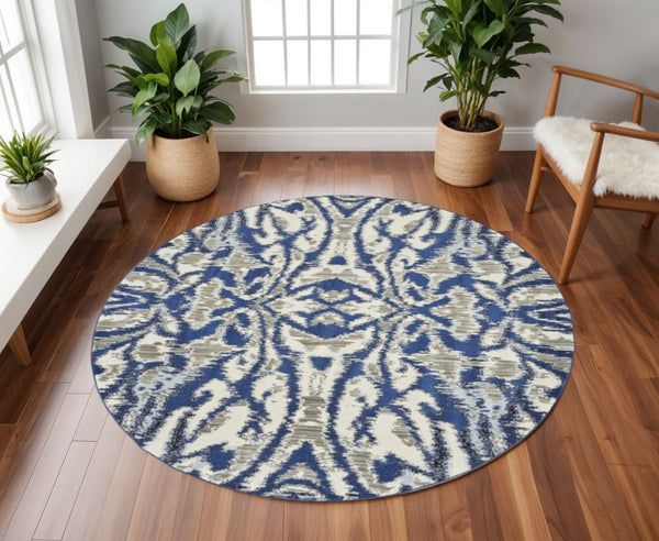 HomeRoots 9' Modern Ivory Blue and Gray Ikat Distressed Rug - Stylish, Durable, Stain-Resistant Design for Any Space 9' Round 511224