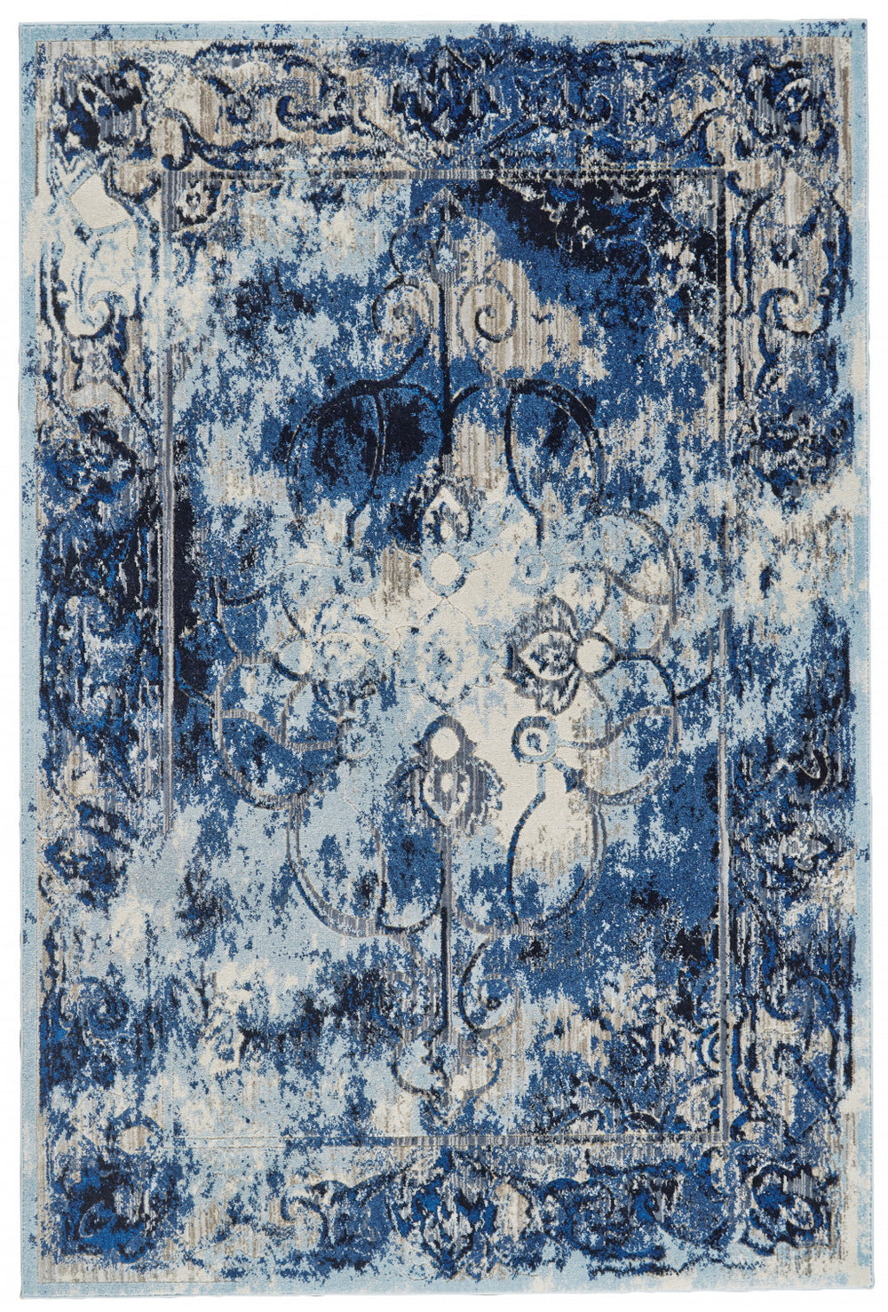 Homeroots 4' X 6' Blue Ivory And Gray Floral Distressed Stain Resistant Area Rug  Polypropylene 511242