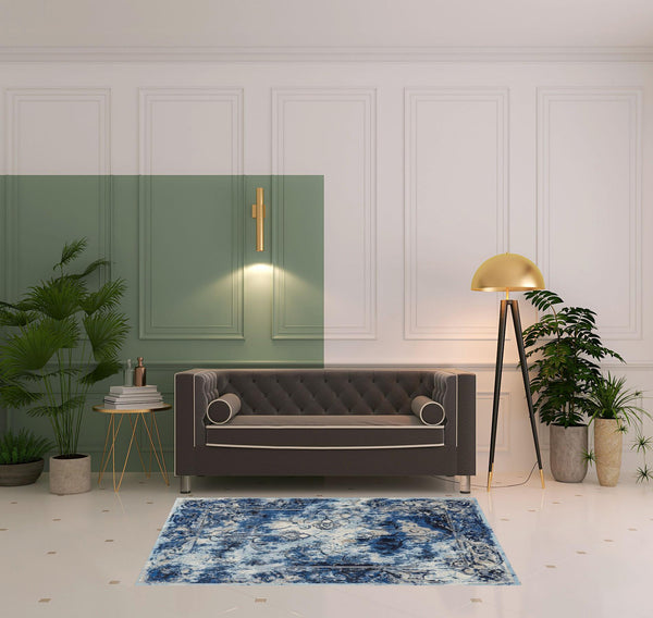 Homeroots 4' X 6' Blue Ivory And Gray Floral Distressed Stain Resistant Area Rug  Polypropylene 511242