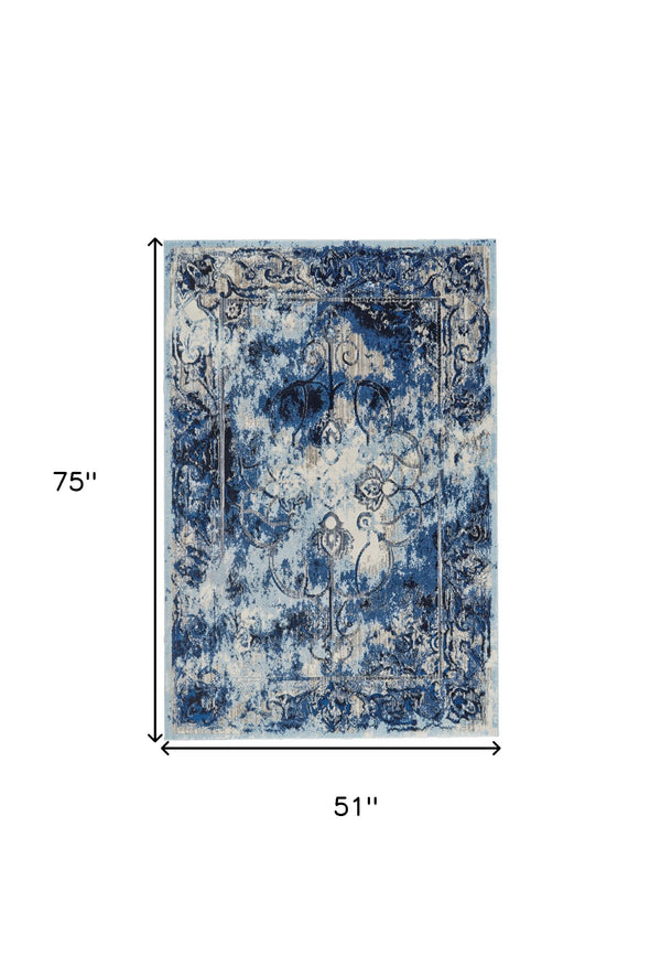 Homeroots 4' X 6' Blue Ivory And Gray Floral Distressed Stain Resistant Area Rug  Polypropylene 511242