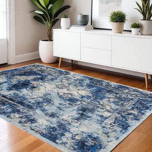 HomeRoots 4' Timeless Floral Area Rug in Blue and Gray - Stain-Resistant and Durable for Modern Spaces 4' X 6' 511242