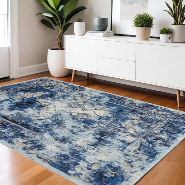 HomeRoots 4' Timeless Floral Area Rug in Blue and Gray - Stain-Resistant and Durable for Modern Spaces 4' X 6' 511242