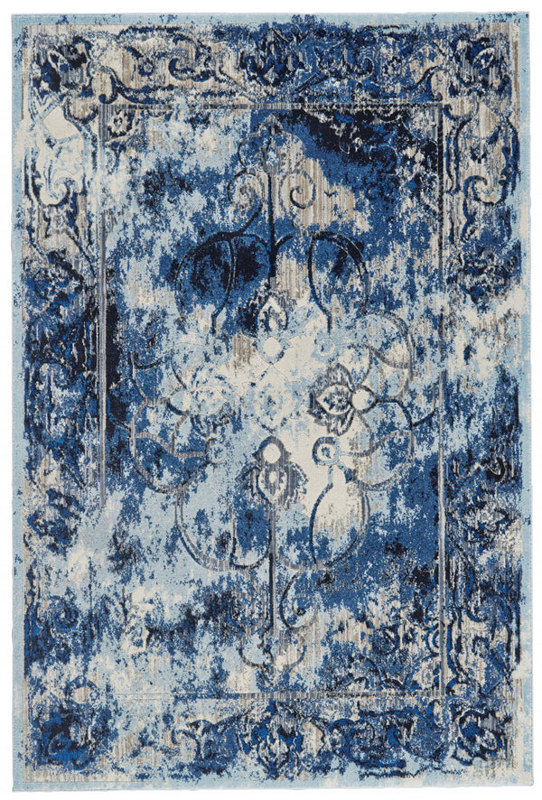 Homeroots 5' X 8' Blue Ivory And Gray Floral Distressed Stain Resistant Area Rug  Polypropylene 511243