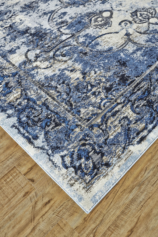Homeroots 5' X 8' Blue Ivory And Gray Floral Distressed Stain Resistant Area Rug  Polypropylene 511243