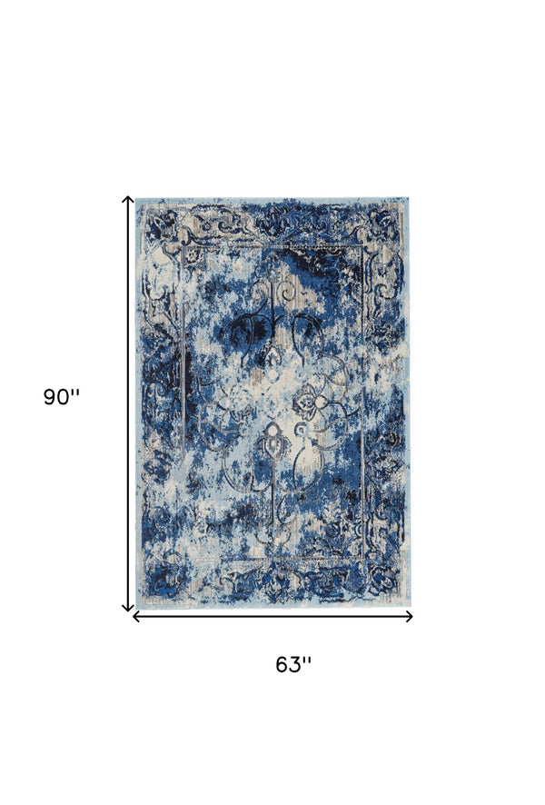 Homeroots 5' X 8' Blue Ivory And Gray Floral Distressed Stain Resistant Area Rug  Polypropylene 511243