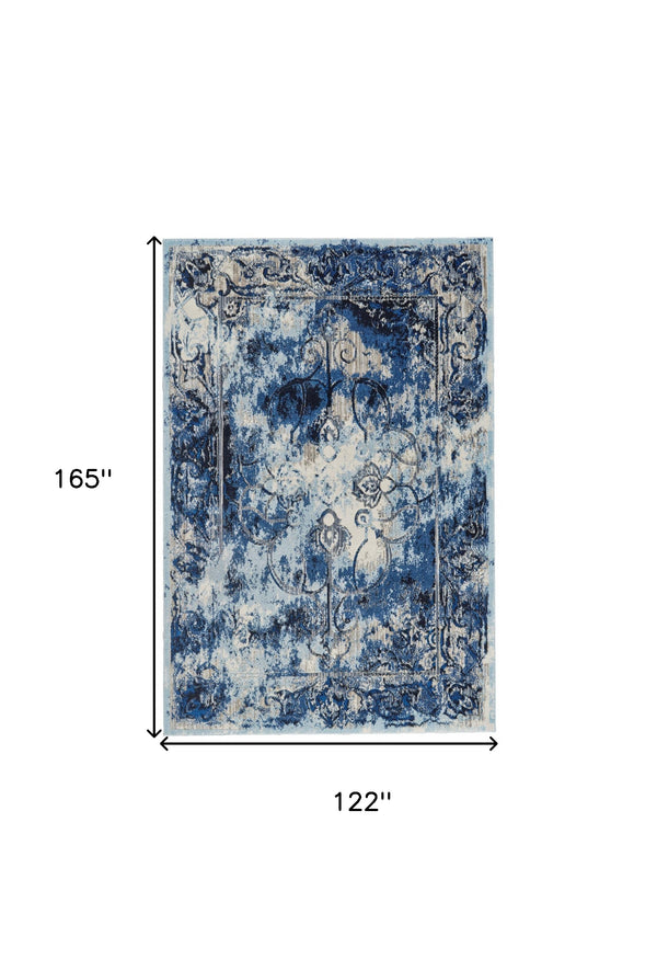 Homeroots 10' X 14' Blue Ivory And Gray Floral Distressed Stain Resistant Area Rug  Polypropylene 511246