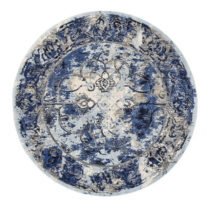 Homeroots 9' Blue Ivory And Gray Round Floral Distressed Stain Resistant Area Rug  Polypropylene 511248