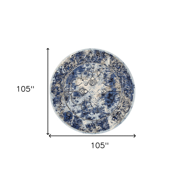 Homeroots 9' Blue Ivory And Gray Round Floral Distressed Stain Resistant Area Rug  Polypropylene 511248