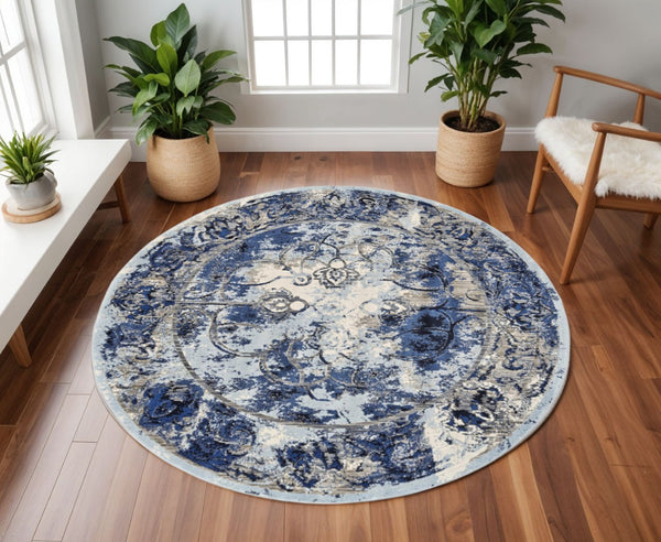 HomeRoots 4' Timeless Floral Area Rug in Blue and Gray - Stain-Resistant and Durable for Modern Spaces 9' Round 511248