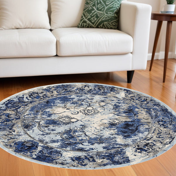 Homeroots 9' Blue Ivory And Gray Round Floral Distressed Stain Resistant Area Rug  Polypropylene 511248