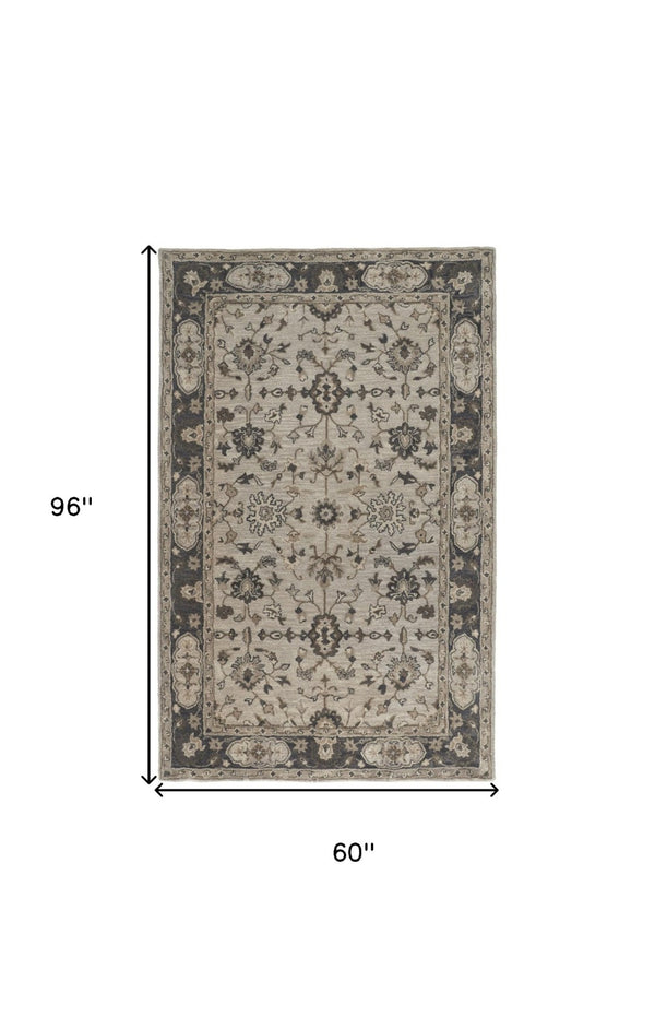 HomeRoots 4' Gray and Ivory Wool Floral Hand-Tufted Area Rug - Timeless Comfort and Durability for Any Room 5' X 8' 511273