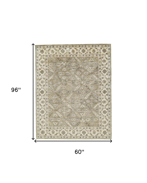 Homeroots 5' X 8' Green Brown And Taupe Wool Paisley Tufted Handmade Stain Resistant Area Rug  Wool 511281