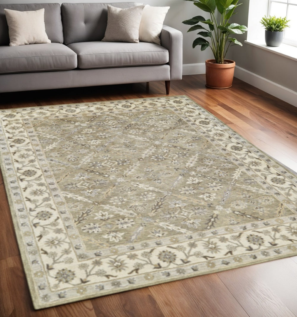 HomeRoots 5' Handmade Wool Area Rug with Elegant Paisley Design in Green, Brown, and Taupe - Stain Resistant! 5' X 8' 511281