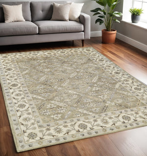HomeRoots 5' Handmade Wool Area Rug with Elegant Paisley Design in Green, Brown, and Taupe - Stain Resistant! 5' X 8' 511281