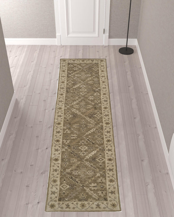 Homeroots 10' Green Brown And Taupe Wool Paisley Tufted Handmade Stain Resistant Runner Rug  Wool 511284