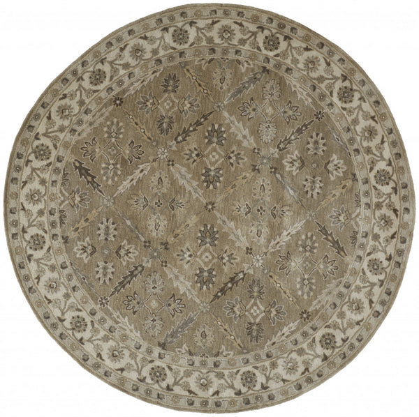 Homeroots 10' Green Brown And Taupe Round Wool Paisley Tufted Handmade Stain Resistant Area Rug  Wool 511286